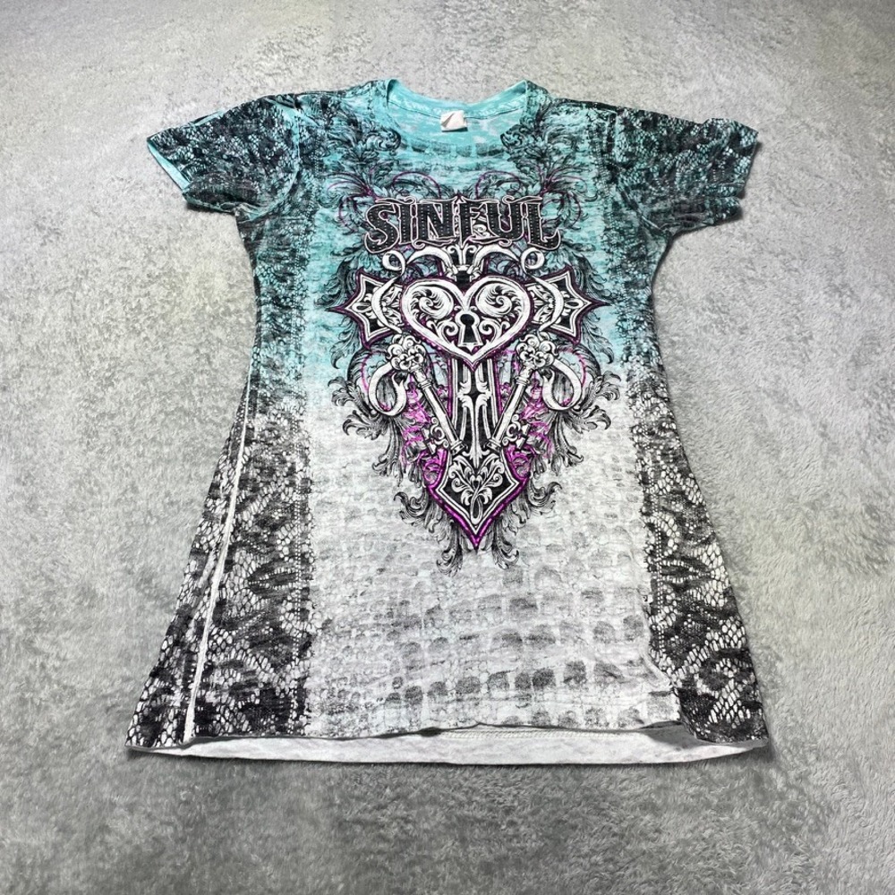 Sinful Womens Small Graphic T-Shirt Y2K Burnout Teal Heart Key Wings Affliction